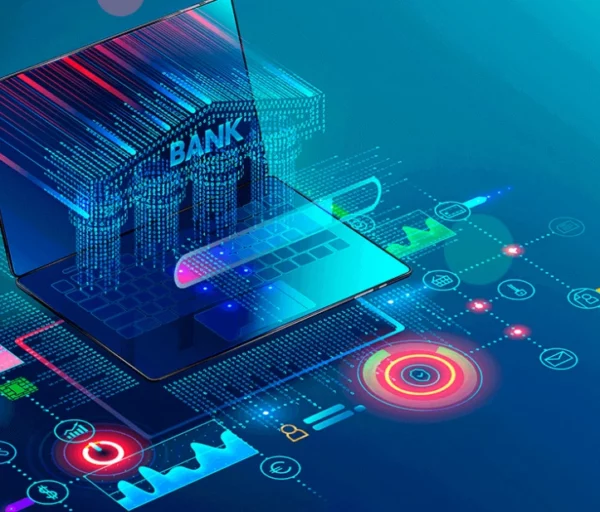 Hologram image of a bank projected from a laptop computer