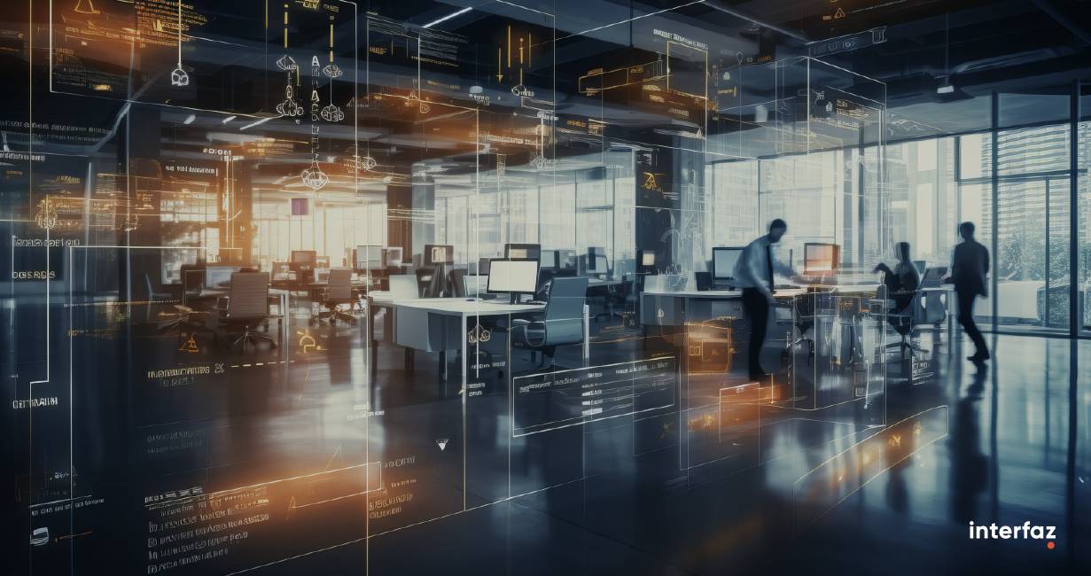 Image with a technology effect of people working in an office