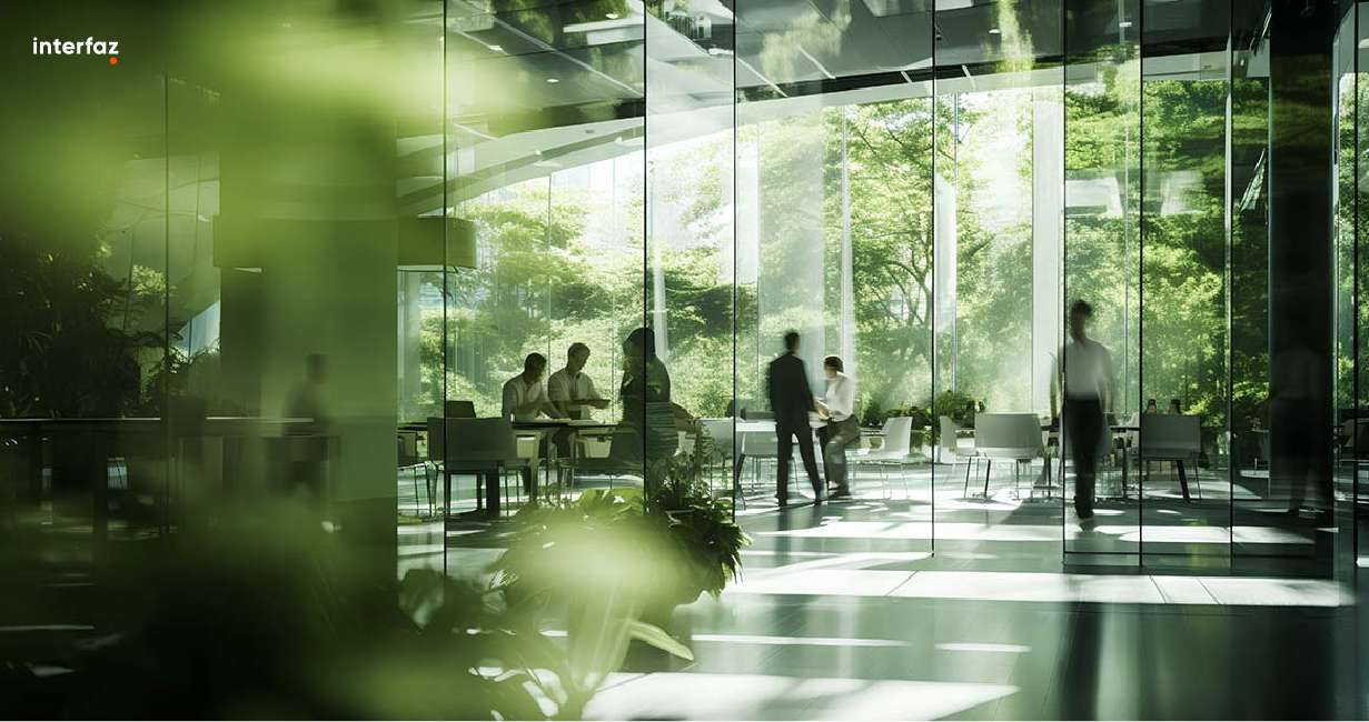 People with a blur effect in a sustainable office