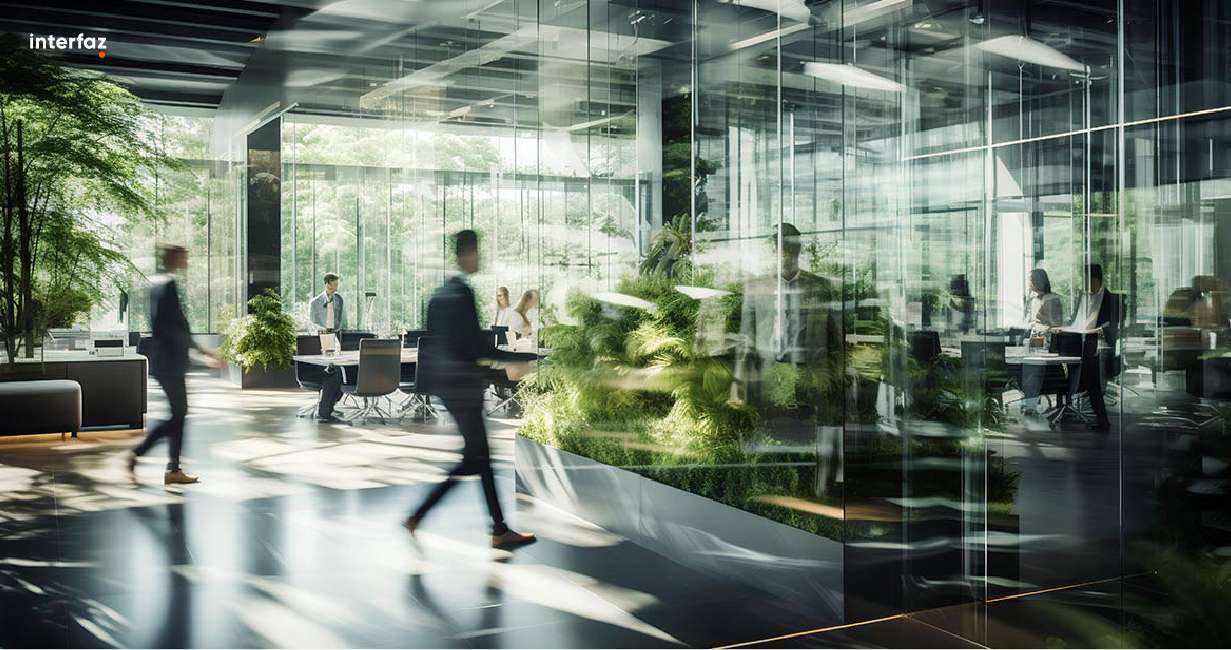 People with a blur effect working in a sustainable office