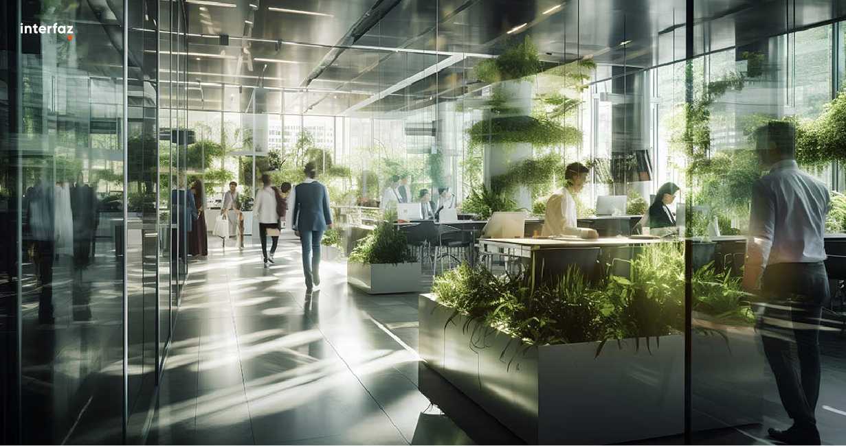 People with a blur effect working in a sustainable office