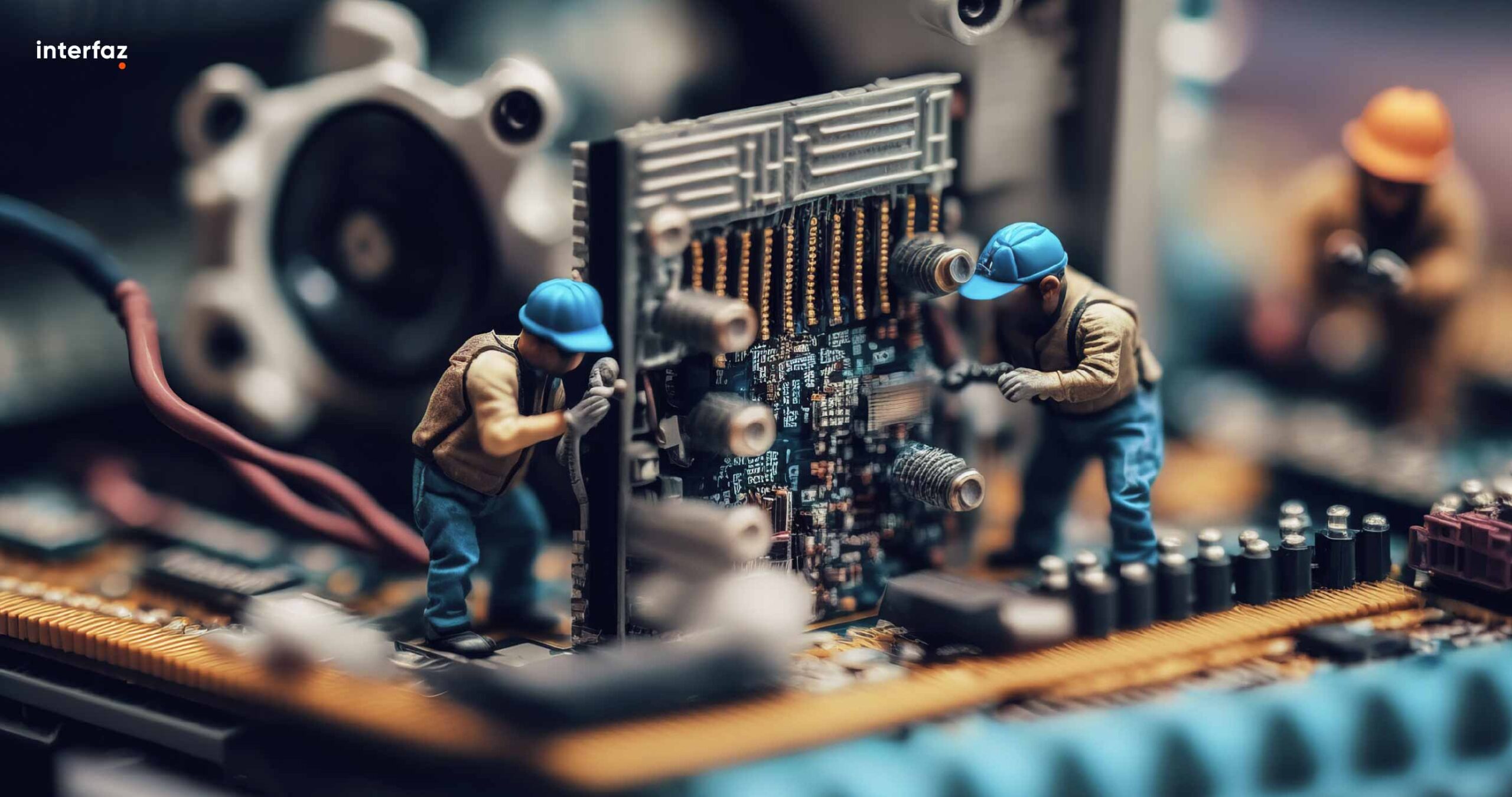 Group of worker figurine doing maintenance on a computer motherboard