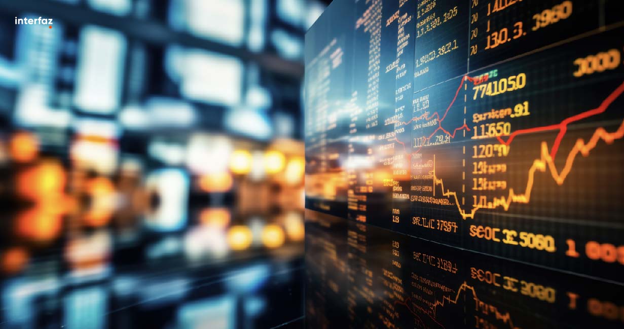 Close-up of a digital screen displaying financial stock market data with illustrating market trends and investment analysis.