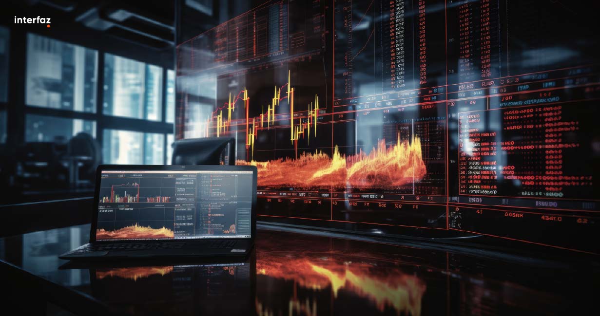 Close-up of a digital screen displaying financial stock market data with graphs and analytics