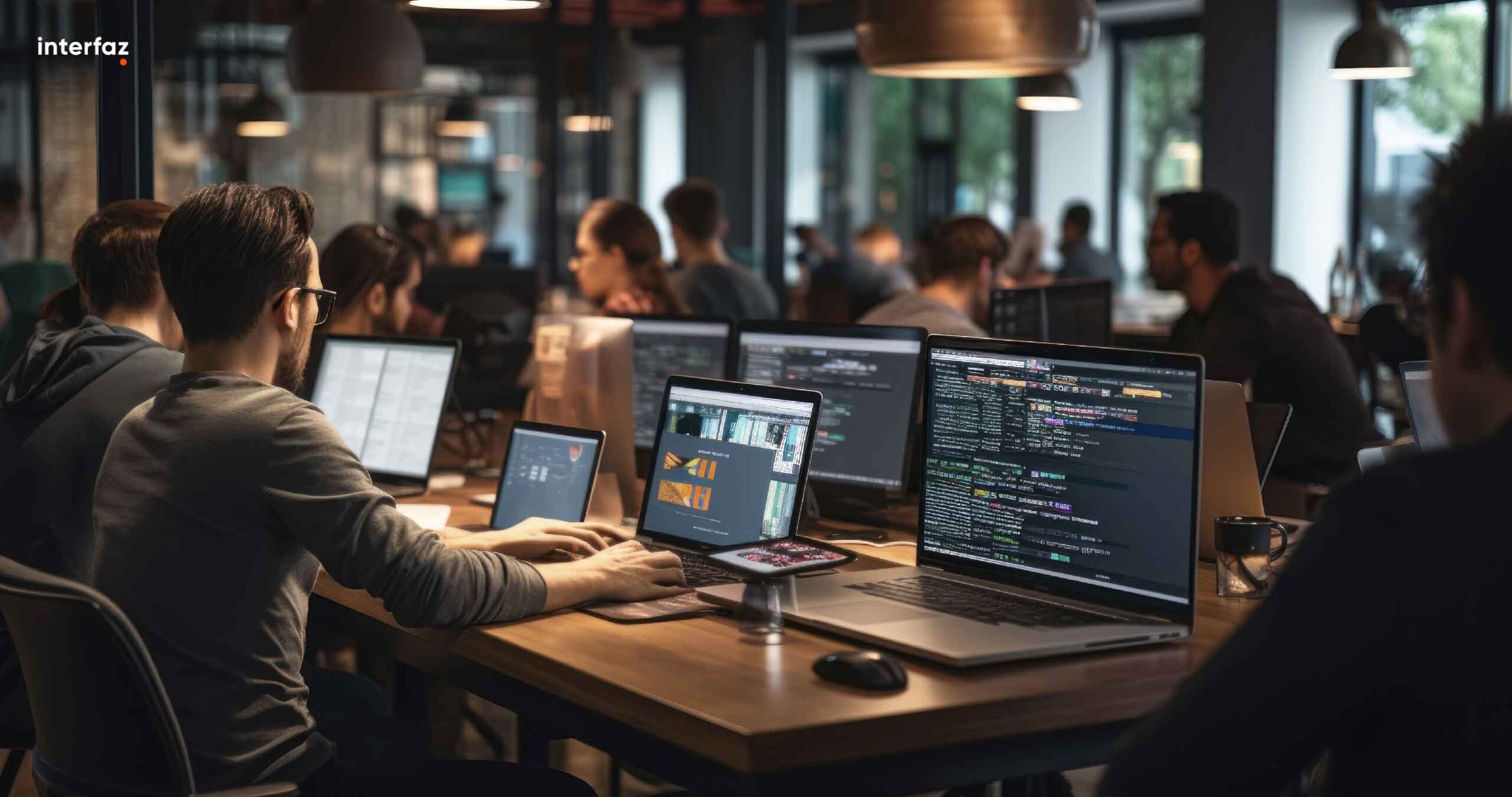 A scene showcasing a team of software developers coding