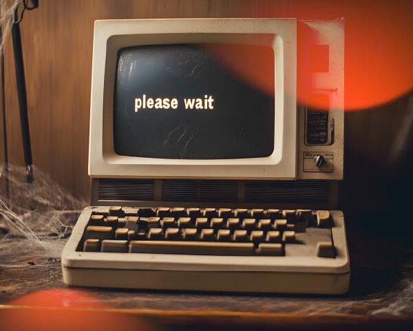 Old computer with text please wait in screen
